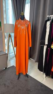 Luxury Abaya from Syria - Rich Vibrant Orange Chiffon Abaya with Hand Embroidery Beads Crystals Gold Details for Raya Festive Events