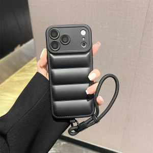 Soft Down Jacket Silicone Case For iPhone 17 16 15 14 13 12 11 Pro Max Plus Air Shockproof Camera Protection Wrist Strap Cover