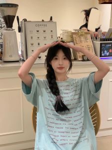 American Retro Milk Blue Letter Short Sleeve T-shirt Female 2024 New Arrival Trendy Niche Design Half Sleeve Tops Ins