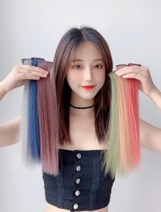 Sty⚡ 1pc potongan wig 50cm / wig multi-warna wanita modis tanpa tanda rambut lurus panjang dengan klip / potongan wig yang bisa dipangkas