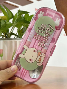 Portable Childrens Dining Set Cartoon Rabbit Stainless Steel Chopsticks Fork Spoon Combination Travel-friendly Kids Meal Kit