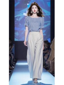 High-Waist Midi Dress Two-Piece Set in Blue: Professional Womens Summer Wardrobe for Slimming and Coldness Salt System Lightweight Casual Style