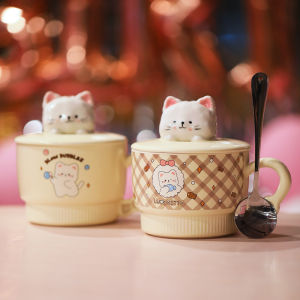 Cute Large Capacity Ceramic Mug with Lid Spoon Breakfast Coffee Water Drinking Cup for Women Cartoon Design Home Use Mug