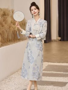 New Chinese Style Womens Fashion Set Spring Autumn New Version Belly Covering Slimming Button Top Half Skirt Two Piece Set