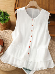 เสื้อกั๊กผ้าลินินคอตตอนสีขาวสไตล์ฤดูร้อนสำหรับผู้หญิง ทรงหลวม แขนกุด คอวี ทรงสลิมฟิต เสื้อเชิ้ต