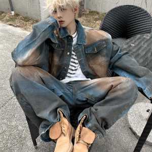 Niche Style Retro Do the Old Cowboy Outwear Mens Spring and Autumn American Handsome Western Denim Coat Waste Soil Wind Mixed Color Suit