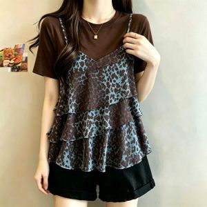 AIYITI | European-style Leopard Pattern Plus-size Concealing Belly Short Sleeve T-shirt