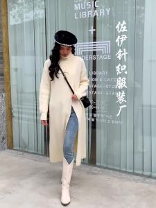 Autumn Winter Womens Knit Sweater Long Dresses High Necked Split Loose Pullover Dress Casual Temperament Female Clothing