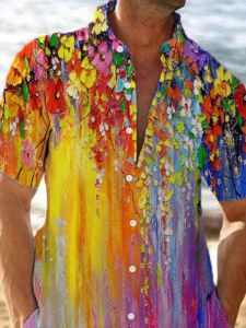 Summer Printed Casual Mens Shirt Stand Collar Short Sleeve Polyester Fiber Breathable Business Casual Style Polyester Fabric