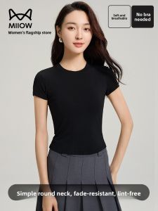 MiiOW | MiiOW Womens Short Sleeve T-Shirt Round Neck Cool Sensation Silk Half Sleeve Summer New Style Black Base Layer With Chest Pad