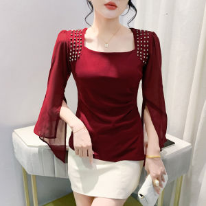 YIMEI Unique slit chiffon long sleeved red top with party design nail bead square neck T-shirt 2024 new dance shirt made of cotton