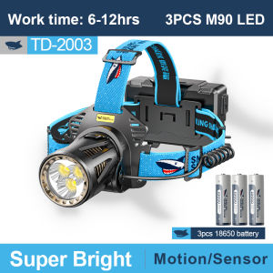 [15000LM] SmilingShark Led Headlight Powerful M90 Super Bright Headlamp Sensor Head Light Red Light Strobe USB Rechargeable Outdoor Waterproof Camping Hiking Working Lamp  TD2003