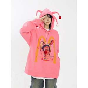 Kkbbu Pink Clown Hooded Sweater American Retro Loose Ovesize Couple Autumn and Winter Long-Sleeved Versatile Top