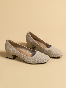 Princess Shoes Womens Light Apricot-Colored Chunky Heel Flats Female Square Toe Mid Heel Soft Bottom Breathable Knitted Shoes Plus Size Flying Line Braided Shoes