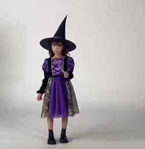 Kids Gothic Witch Cosplay Costume Black Purple Long Sleeve Dress for Girls Evil Queen Outfit Halloween Carnival Fancy Dress Up