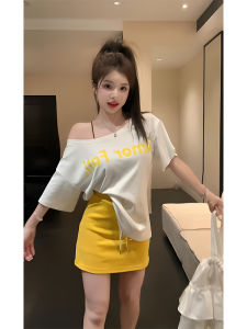 YUEZHONGWEI | Retro American Letter Print White Off-Shoulder Short Sleeve T-Shirt Women Summer Loose Fit Design Sensation Niche Casual Top
