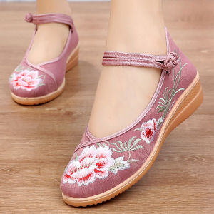 Giày Vải Thêu Phong Cách Bắc Kinh Cổ Điển Màu Đỏ Cho Phụ Nữ Giày Khiêu Vũ Công Viên Giày Thêu Mẹ Giày Vải Thêu Họa Tiết Hoa