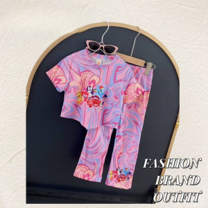 2025 ฤดูร้อนแฟชั่นใหม่ตั้งผู้หญิงทารกขนาดกลางเด็กเล็กการ์ตูนผูกย้อมชุดสองชิ้นคลื่น