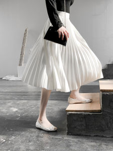 กระโปรงจีบเอวสูงสีขาว กระโปรงทรงเอยาวปานกลางสำหรับผู้หญิง ฤดูใบไม้ผลิและฤดูร้อน กระโปรงทรงร่มกระชับสัดส่วน กระโปรงทรงเอ