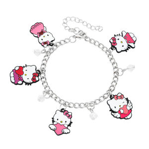 Sanrio | Hello Kitty Multi-Charm Bracelet Zinc Alloy with 5 Heart & Angel Kitty Enamel Charms Adjustable Silver Chain for Fans