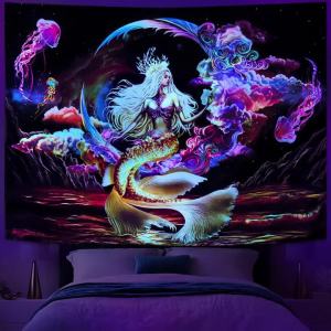 Nordic Aesthetic Mermaid Glow UV Reaction Tapestry Cyberpunk Background Decor Wall Hanging Home Bedroom Livingroom Art Decoratio