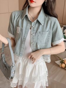Retro Lace Trim Short Sleeve Denim Jacket Women Summer 2025 New Style Commute Loose Fit Single Button Closure Solid Color