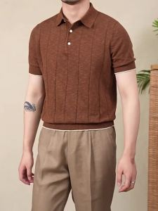 Linen Cotton Blend Knitted Men Short Sleeve Business Casual T-shirt Striped