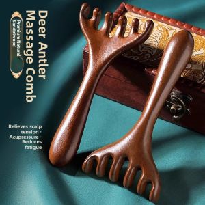Natural Sandalwood Deer Antler Head Massage Comb Health Care Hair Treatment Tool Six Claw Scalp Scraper Meridian Brush