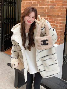 Spring Autumn New Hooded Stripe Eco-friendly Lamb Fur Thickened Mid-length Loose Womens Coat Anti-aging Fur Leather Integrated