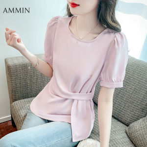 Ammin 2023 đơn giản Mới Mùa Hè cổ tròn thời trang duyên dáng tay áo bong bóng Áo voan cà vạt kiểu Hàn Quốc eo tay ngắn không đều áo blouse thanh lịch