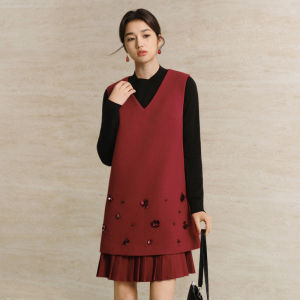 Yigue | Red V-Neck Sleeveless Fashion Woolen Dress