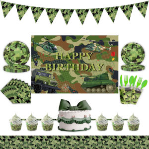 Camouflage Tank Themed Disposable Tableware for Boys Birthday Party Decoration Green Colorful Cartoon Balloons And Banner