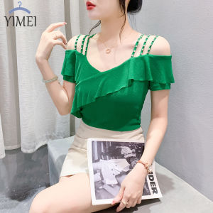 YIMEI Temperament V-neck ruffle lace top summer fashion slim fit nail bead off shoulder small shirt Guangzhou short sleeved mesh T-shirt