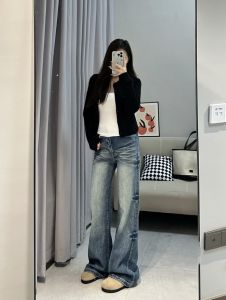 American Style Washed Micro Flared Jeans Womens Spring Summer New High Waist Loose Slimming Floor-Length Wide Leg Pants