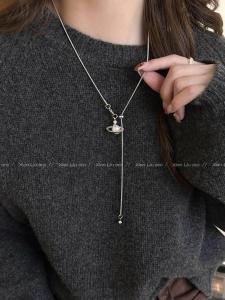 New 2025 Womens Saturn Pearl Pendant Necklace Drawstring Sweater Chain Lightweight Luxury Fashion Accessory Alloy Material