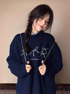 GUAICAI | Navy Blue Round Neck Fluffy Loose Fleece Sweatshirt
