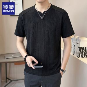 ROMON | V-Neck Embroidered Summer Lightweight Textured Short Sleeve T-Shirt