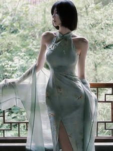 Retro Chinese Hanfu Dress Young Style Girls Collar Qipao Set Womens Summer Fashion Traditional Costume Elegant Fresh Style