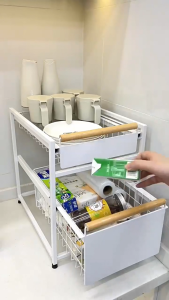 SJorage Under Sink Rack Kitchen Sliding Storage Organizer Pull Out Drawer Basket Rack With Wooden Handle