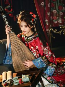 ชุดฮันฟูสำหรับผู้หญิง ชุดแต่งงานสีแดง คอปกกลม ปักลาย แขนยาว ผ้าไนลอนผสมโพลีเอสเตอร์ เสื้อผ้าสำหรับเจ้าสาว