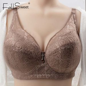 FallSweet Plus Size E F Cup Women Thin Underwire Push Up Brassiere No Pad Minimizer Bra Floral Lace Trendy Underwear 36-44