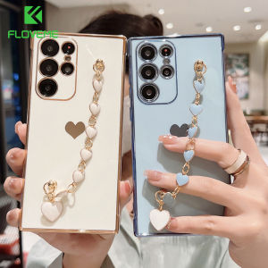 FLOVEME Plating With Love Heart Bracelet Phone Case For Samsung S23 S22 S21 Ultra S23+ S22+ S21+ Plus Square Lens Protection All-inclusive Soft Silicone Shockproof Back Cover For Samsung A54 A34 A14 A53 A33 A23
