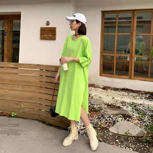 Long Cotton T-Shirt Womens Spring Summer Loose Fit Knee-Length Side Slit Five-Quarter Sleeve Casual Style round Neck Top