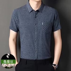 ali9 Mens Mulberry Silk Short Sleeve Shirt Summer Middle-Aged and Elderly Real Pocket Cool Loose Daddy Mens Outfit Half Sleeve Shirt