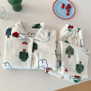 Coral Fleece Zipper Pajamas Womens Autumn and Winter Soft Sticky Cute Melody Thickened Flannel Home Wear Suit