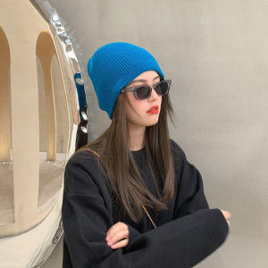 อุ่น หมวกถัก ขนสัตว์ สําหรับผู้หญิง ฤดูใบไม้ร่วง ฤดูหนาว Lake Blue อินเทรนด์ Cuffed Balaclava Cap Couple สไตล์เกาหลี หมวกสภาพอากาศหนาวเย็น