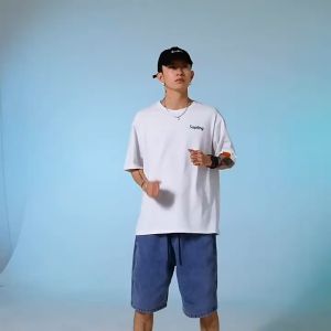 HELLO JIM t shirts for men high quality cotton t shirt Oversized Tshirt Men 100%Cotton Basic Printed baju lelaki tshirt mens t shirt new style Short-sleeved T-shirt For Men Bright Color Armband Simple T-shirt  H1567