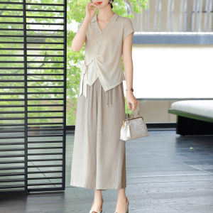 Bộ Đồ Hai Mảnh Tay Ngắn Mùa Hè Cho Phụ Nữ Trung Niên Quần Ống Rộng Thường Ngày Áo Sơ Mi Dài Tay Polyester Trang Phục Công Sở