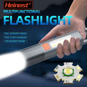 HEINAST Outdoor Flashlight Portable Strong Light Variable Focus with Floodlight Side Lights Long Range Rechargeable Flashlight