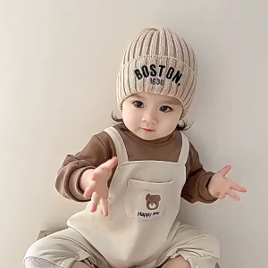 Baby Bonnet Kids Knitted Caps For Girl Boy Ear Protection Children Hat Thickening Solid Color Letter